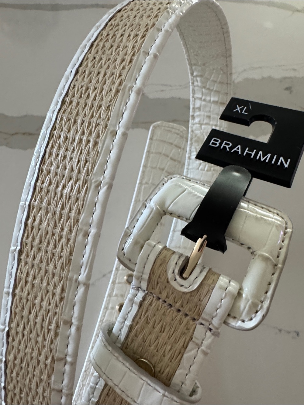 Brahmin White and Natural Woven Raffia Leather Belt XL New